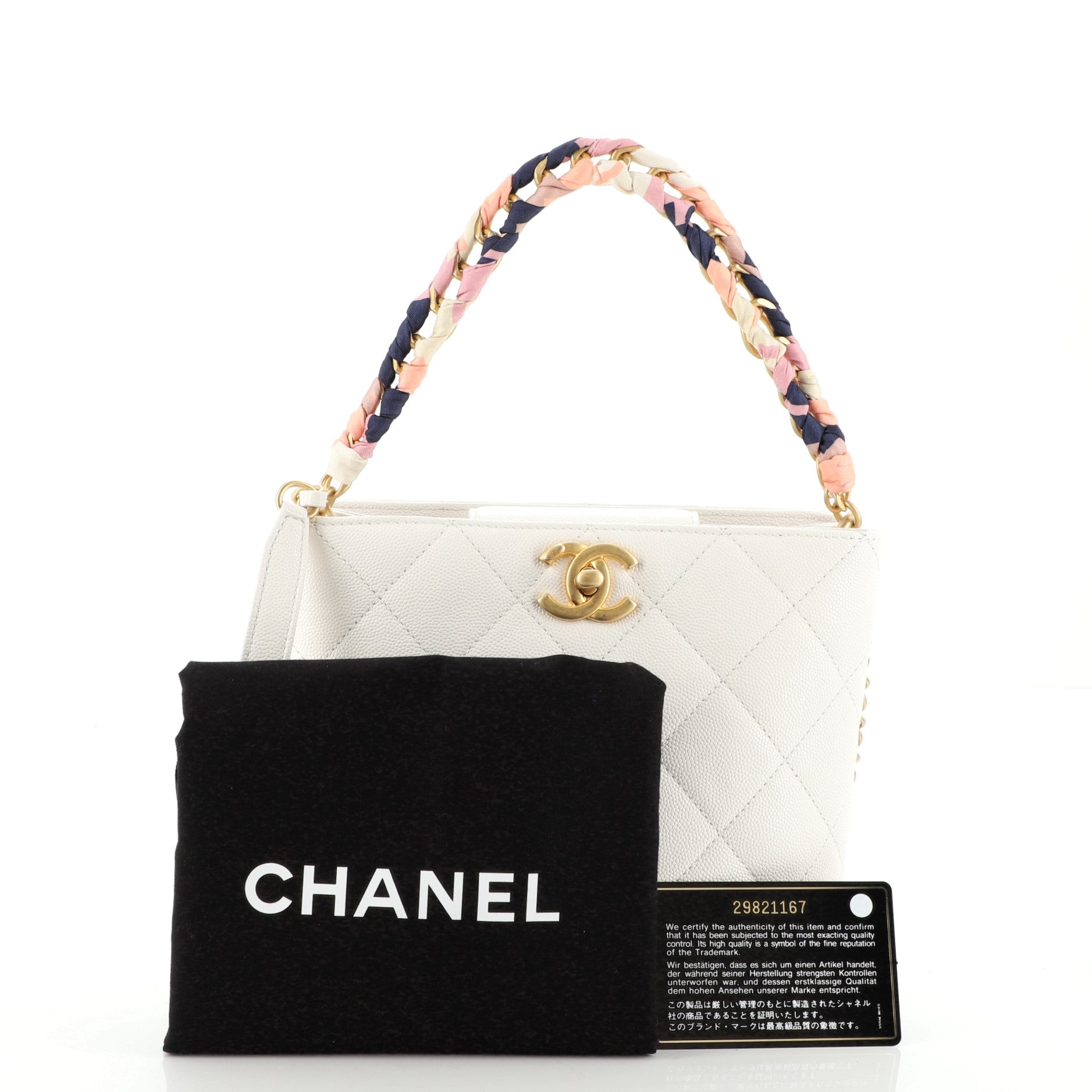 CC Chain Scarf Handle Bucket Bag Quilted Caviar with Silk Mini