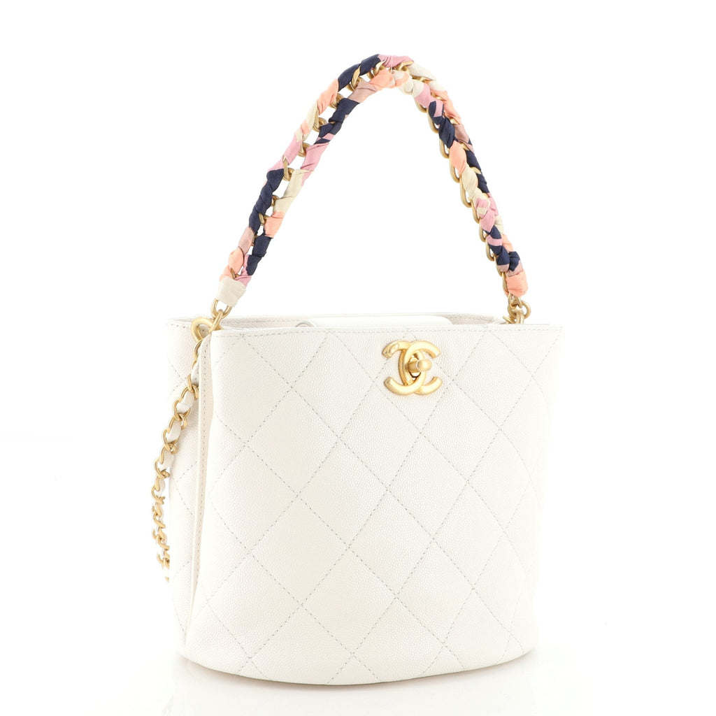 CC Chain Scarf Handle Bucket Bag Quilted Caviar with Silk Mini