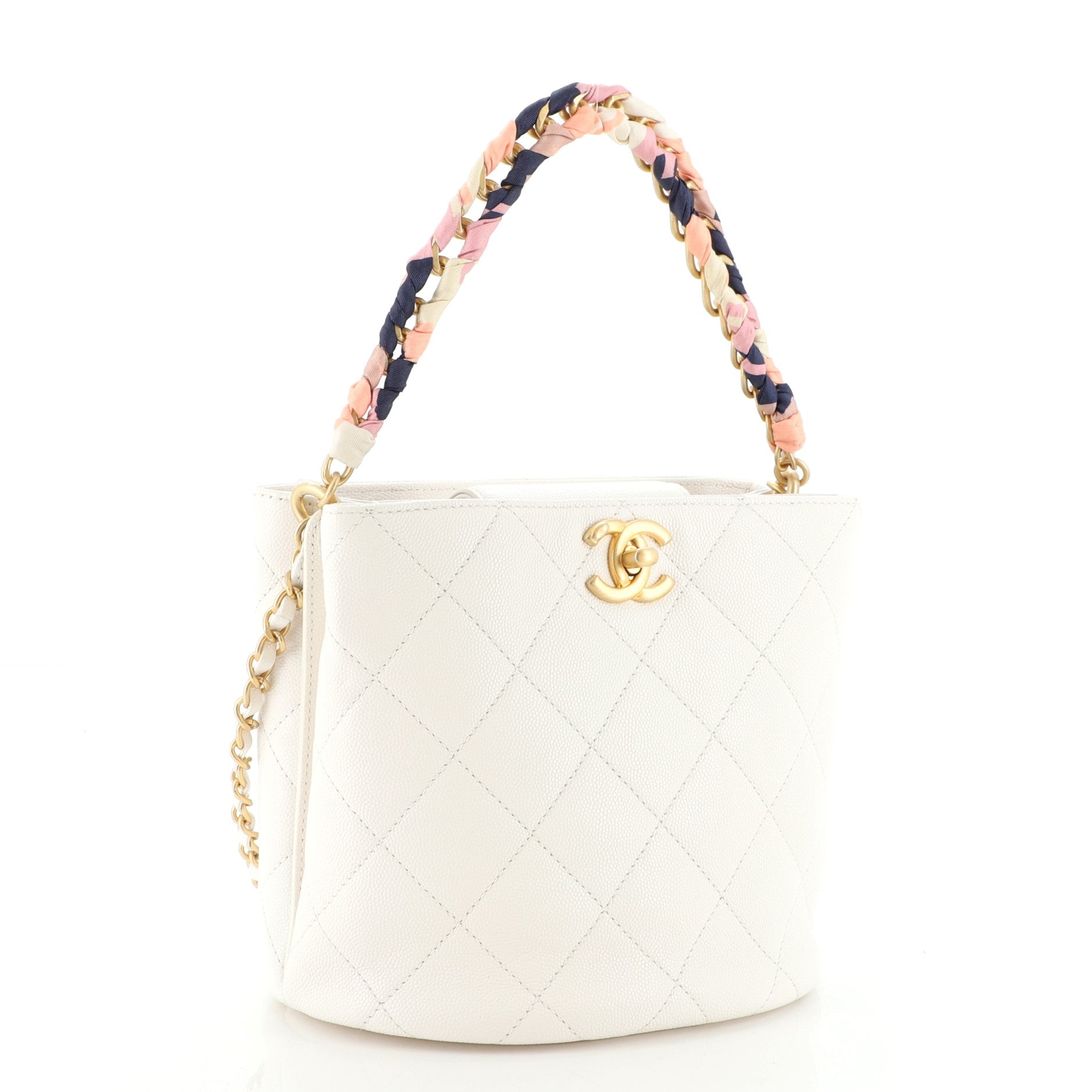 CC Chain Scarf Handle Bucket Bag Quilted Caviar with Silk Mini