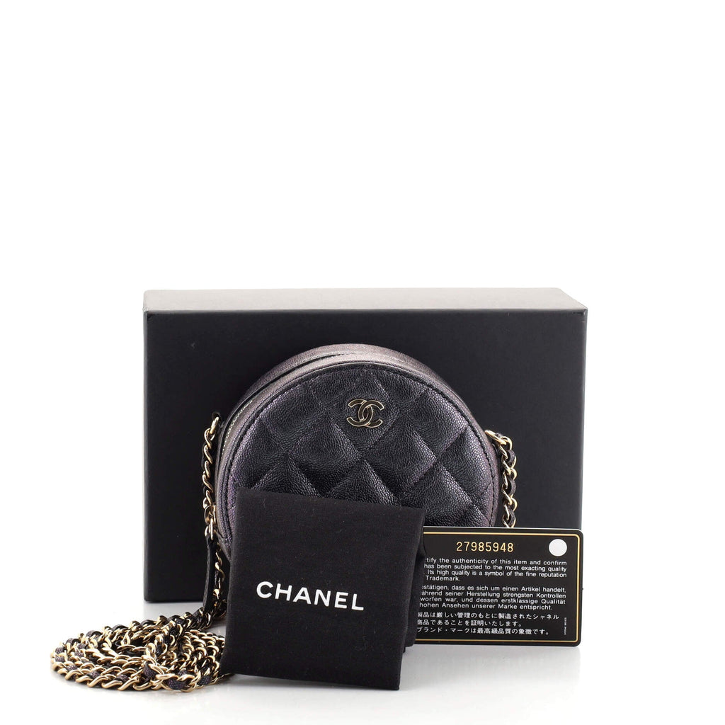 Round Clutch with Chain Quilted Iridescent Caviar Mini