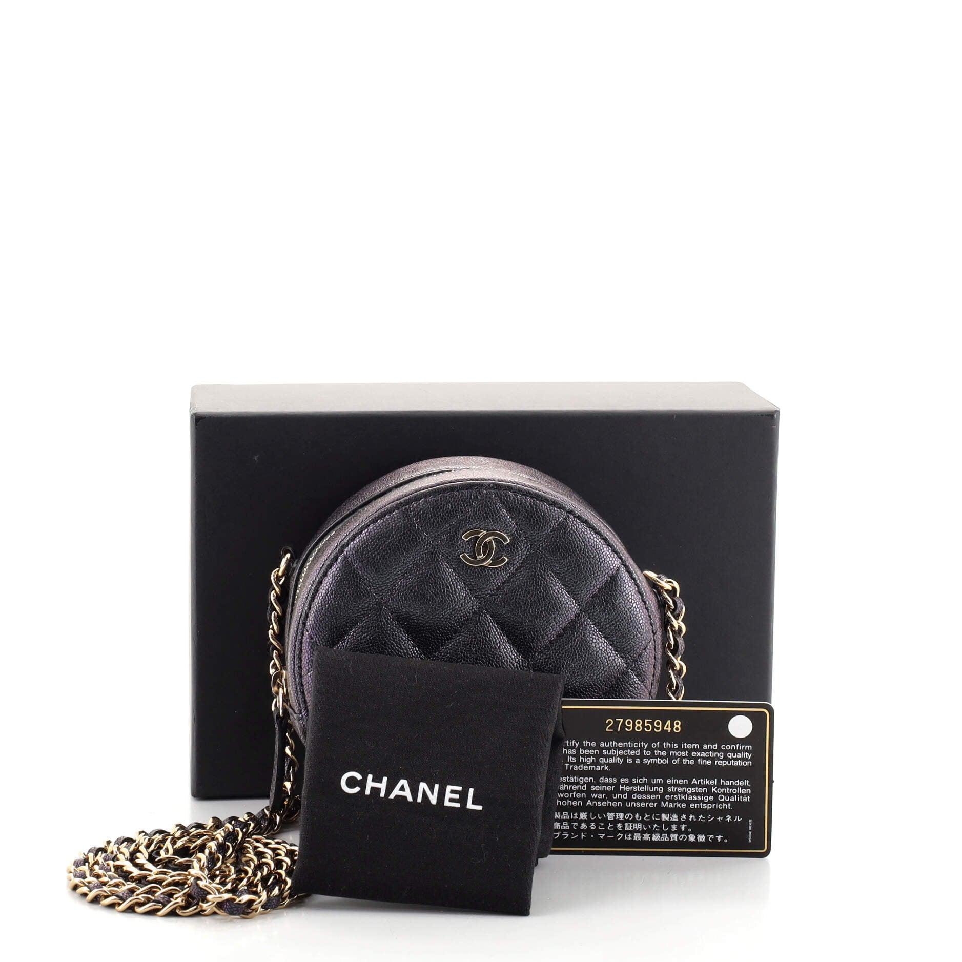 Round Clutch with Chain Quilted Iridescent Caviar Mini