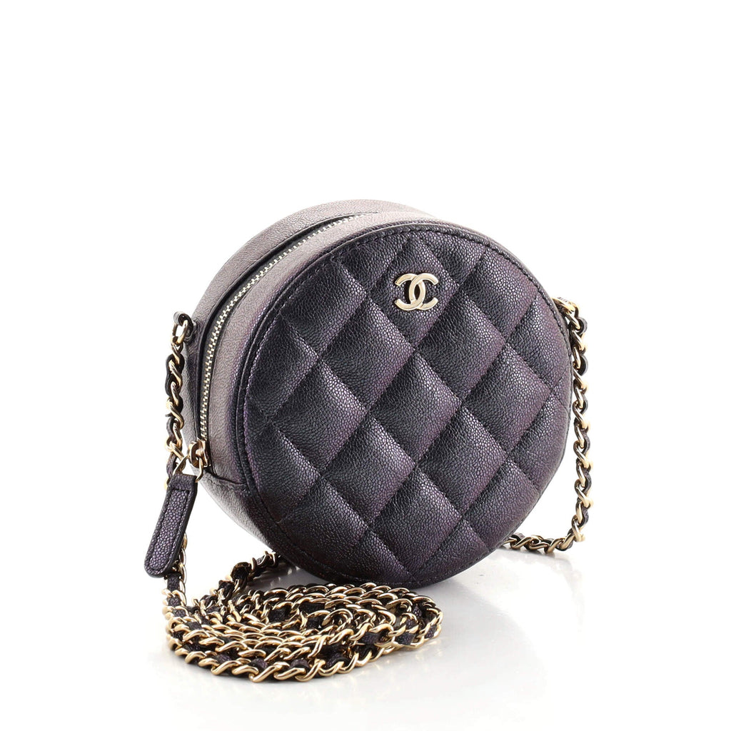 Round Clutch with Chain Quilted Iridescent Caviar Mini