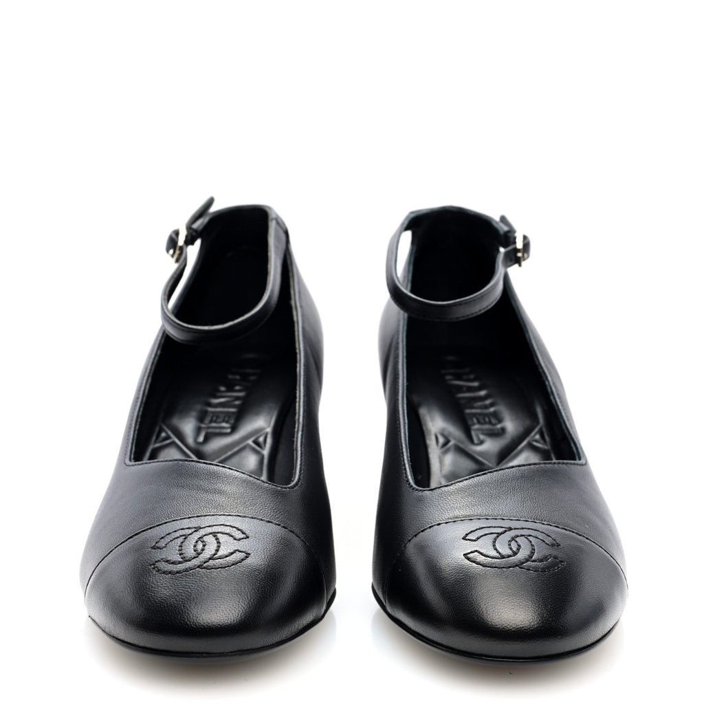 Lambskin Cap Toe Mary Jane Pumps 38 Black