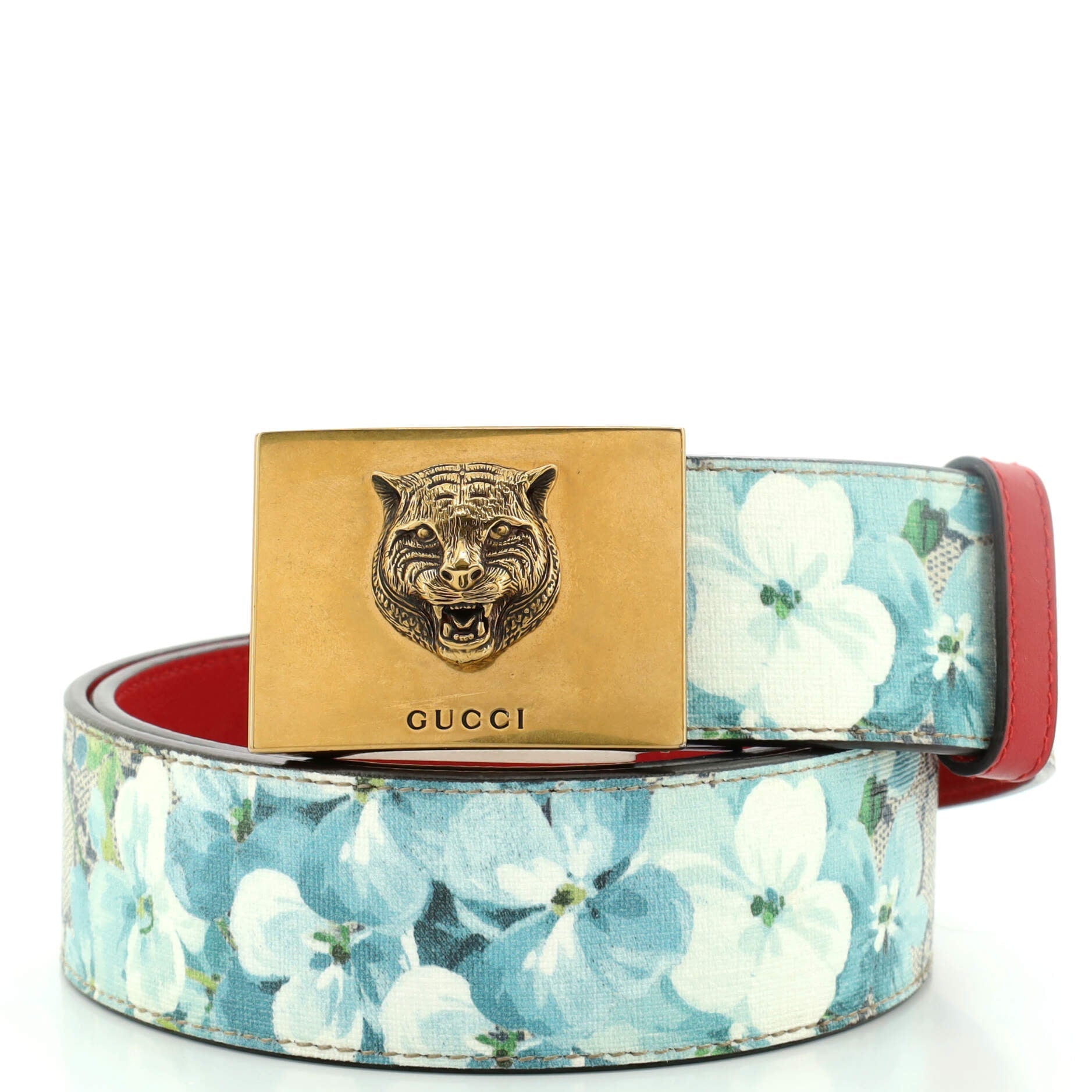 Animalier Plaque Belt Blooms Print GG Coated Canvas Wide 80
