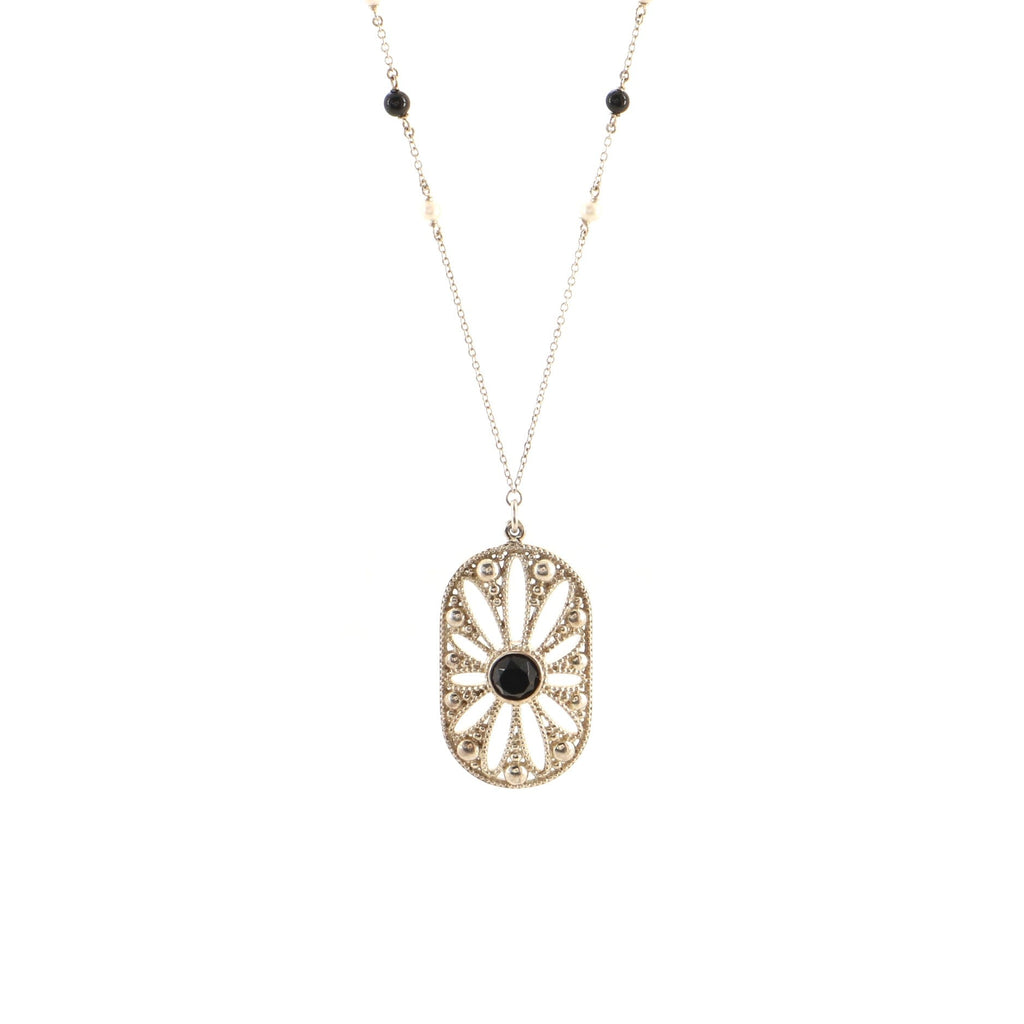 Ziegfeld Daisy Pendant Necklace Sterling Silver with Onyx and Pearls