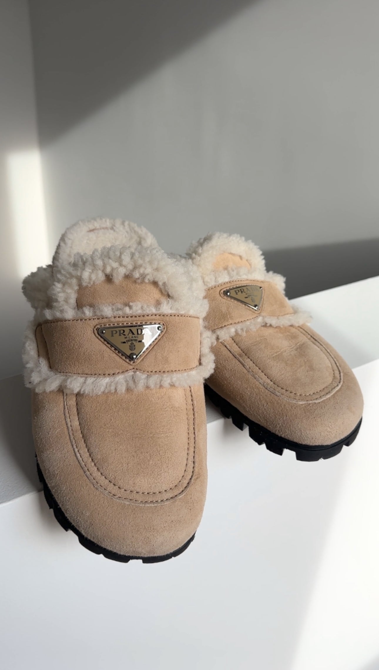 Prada Beige Shearling Slipper Slides - 37