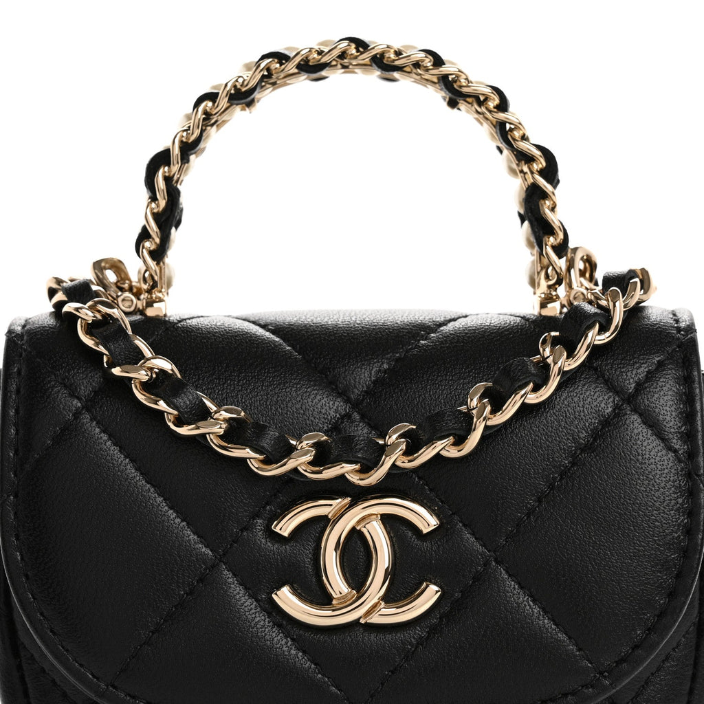 Lambskin Quilted Pearl Top Handle Clutch With Chain Black