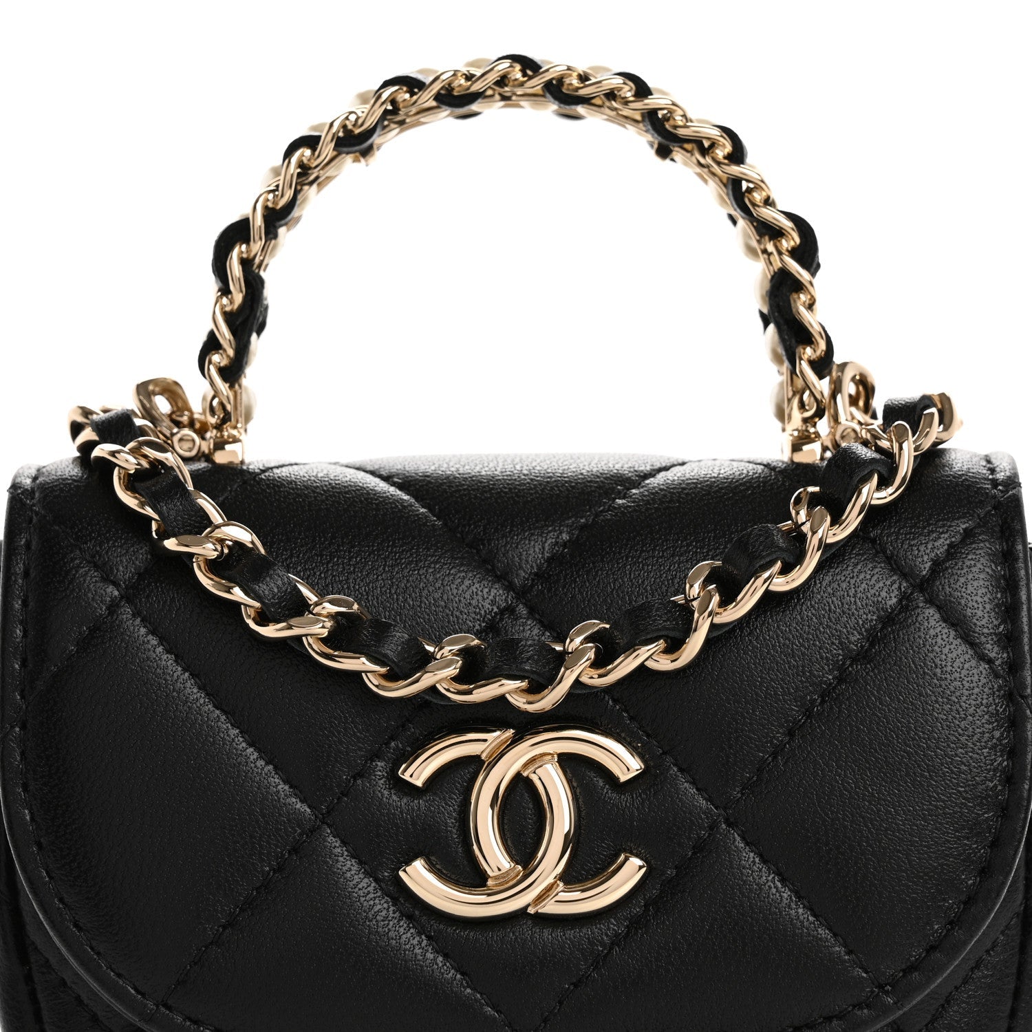 Lambskin Quilted Pearl Top Handle Clutch With Chain Black