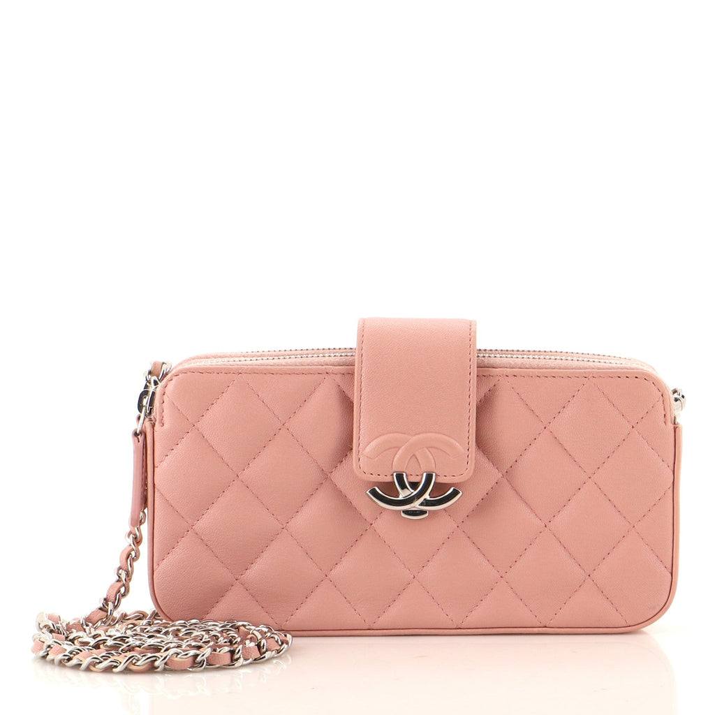 CC Box Double Zip Clutch with Chain Quilted Calfskin