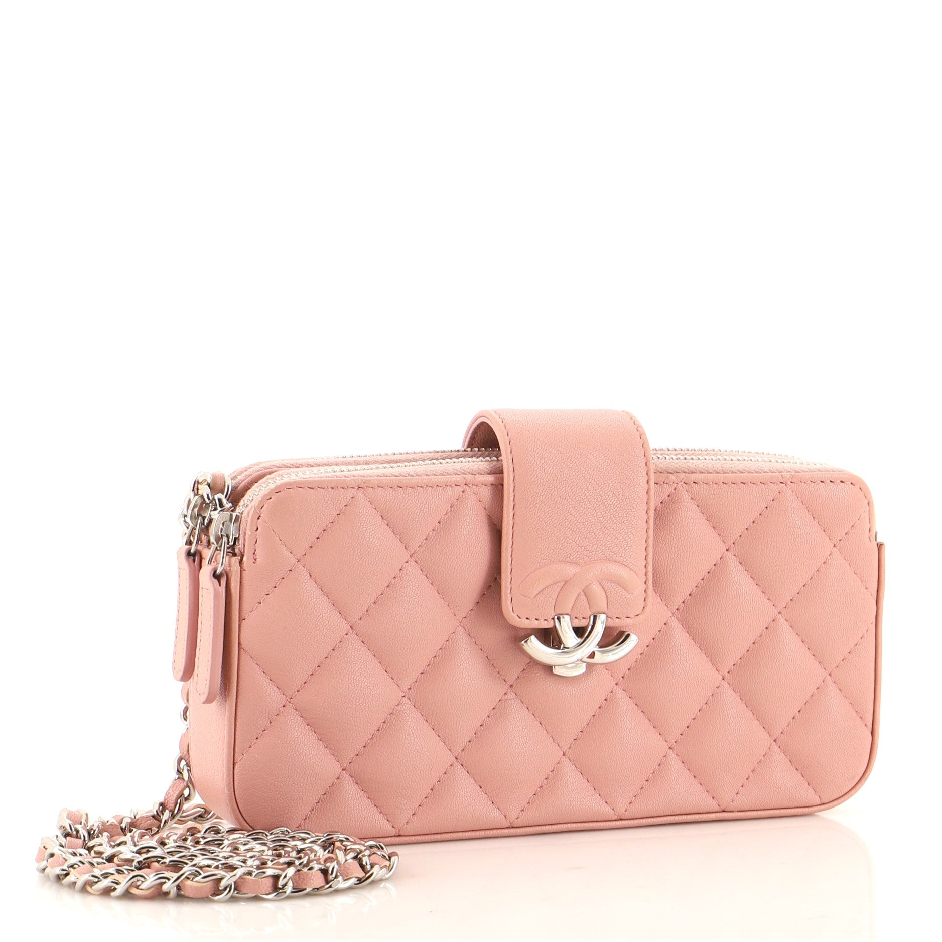 CC Box Double Zip Clutch with Chain Quilted Calfskin