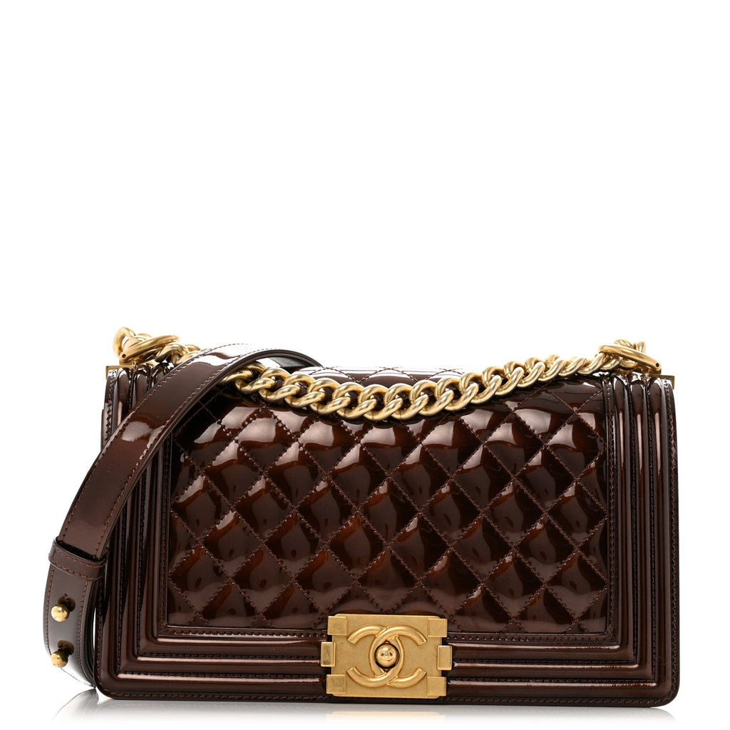 Metallic Patent Calfskin Quilted Medium Boy Flap Brown