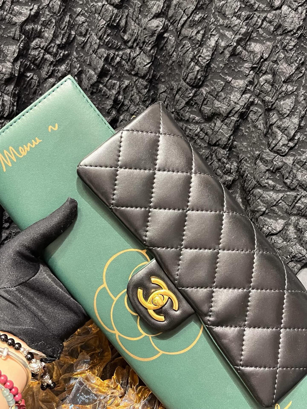 CHANEL Calfskin Quilted Brasserie Gabrielle Menu CC Clutch Green