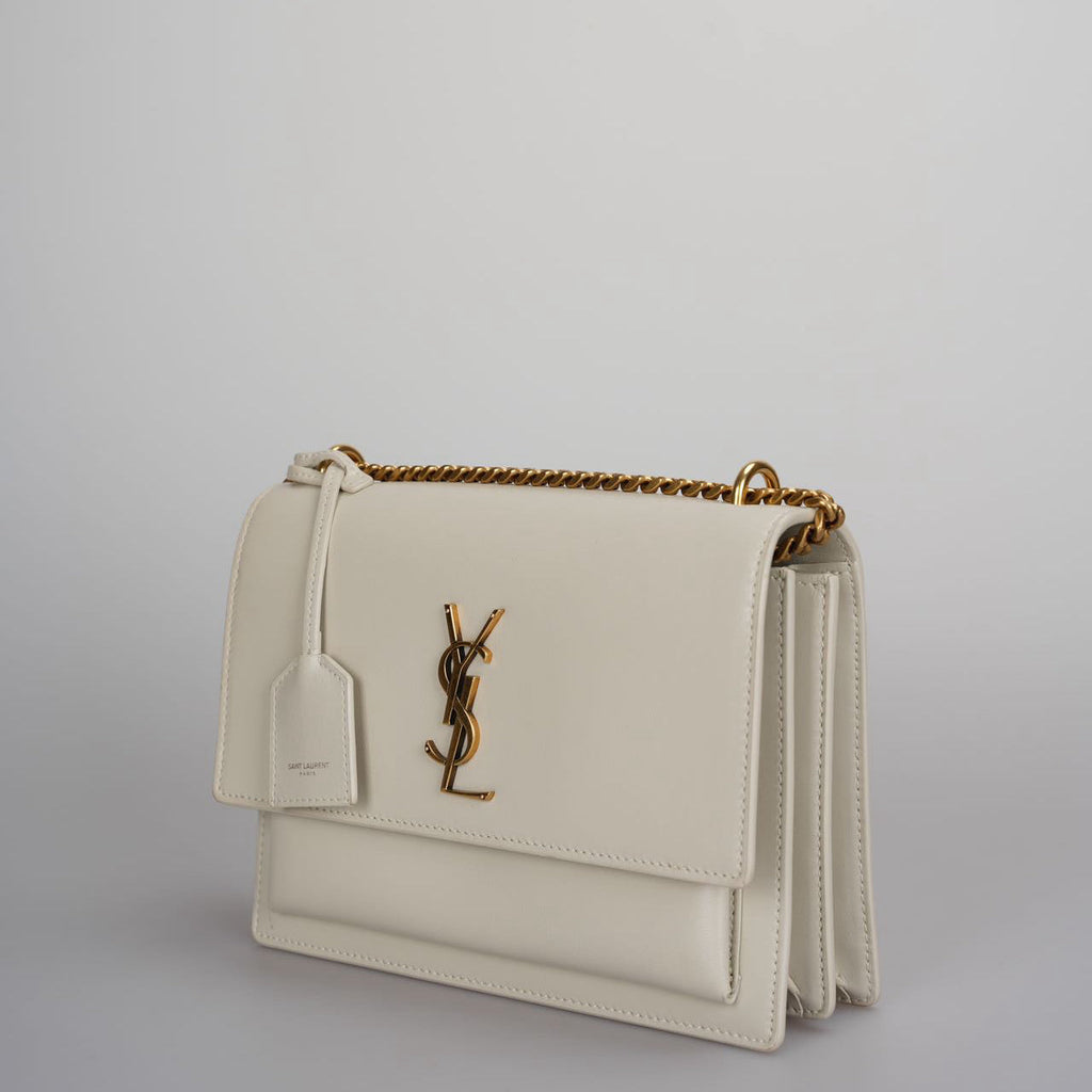 Saint Laurent Sunset Medium Bag in White Blanc  Calfskin with Gold Hardware