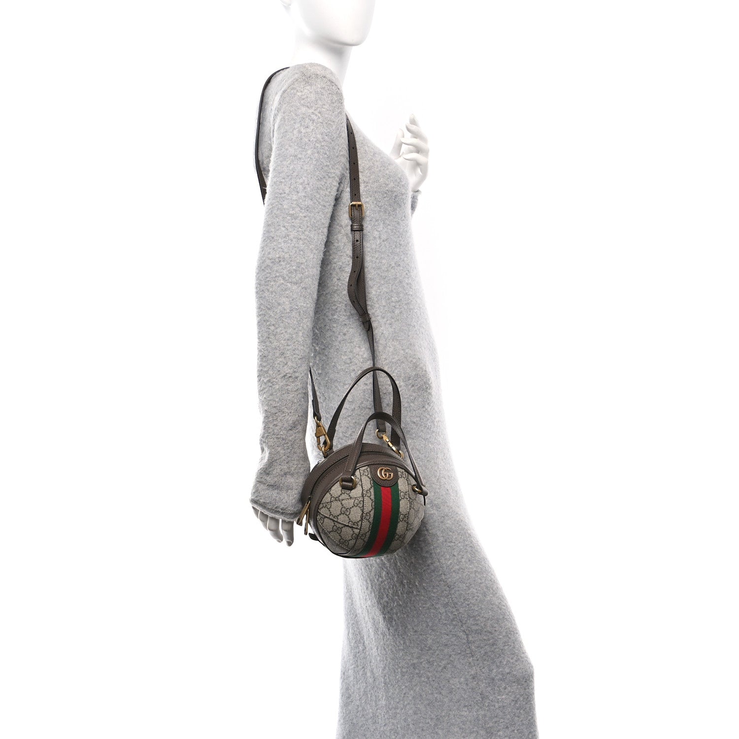 GG Supreme Monogram Textured Dollar Calfskin Web Mini Ophidia Basketball Shaped Shoulder Bag Beige Ebony New Acero
