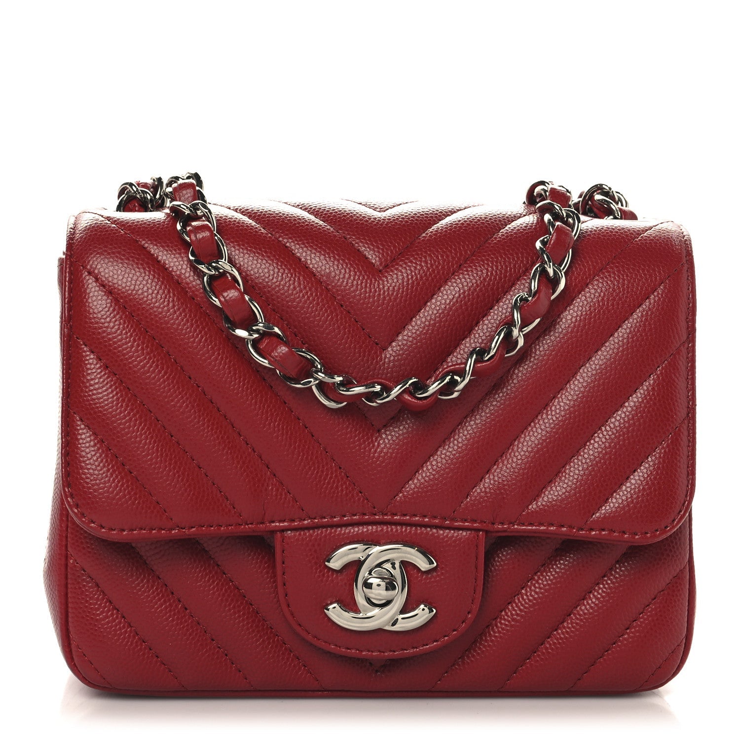 Caviar Chevron Quilted Mini Square Flap Red