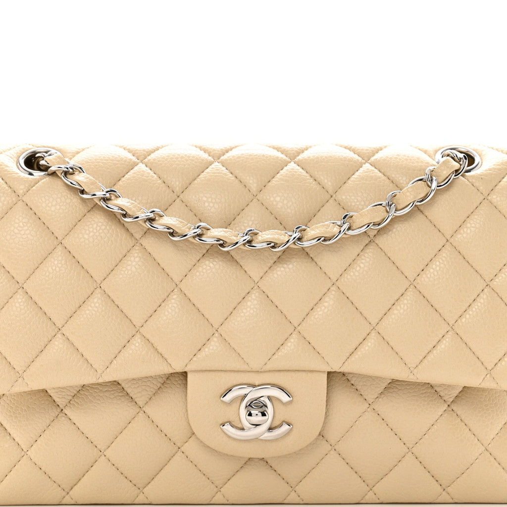 Caviar Quilted Medium Double Flap Beige