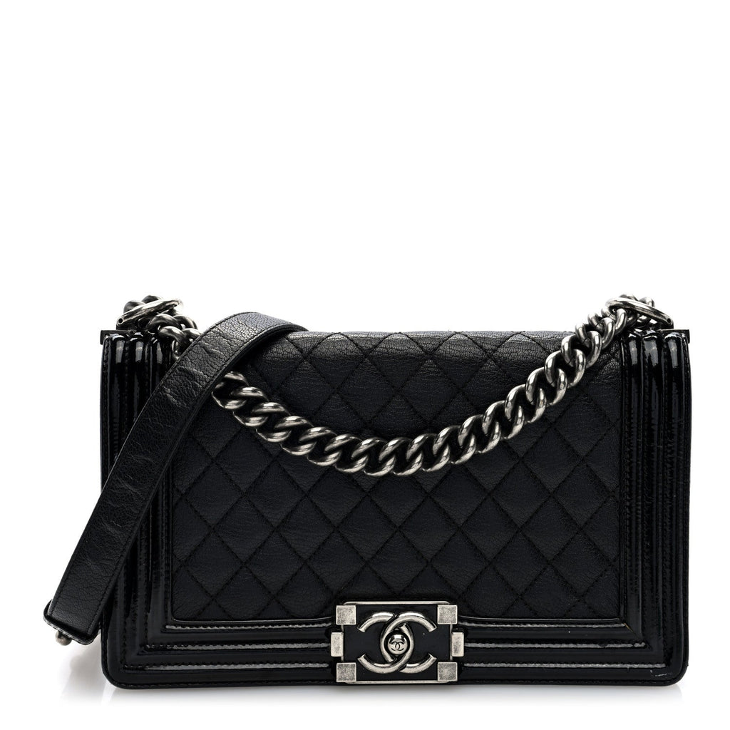 Goatskin Quilted Patent Medium Duo Boy Flap Black