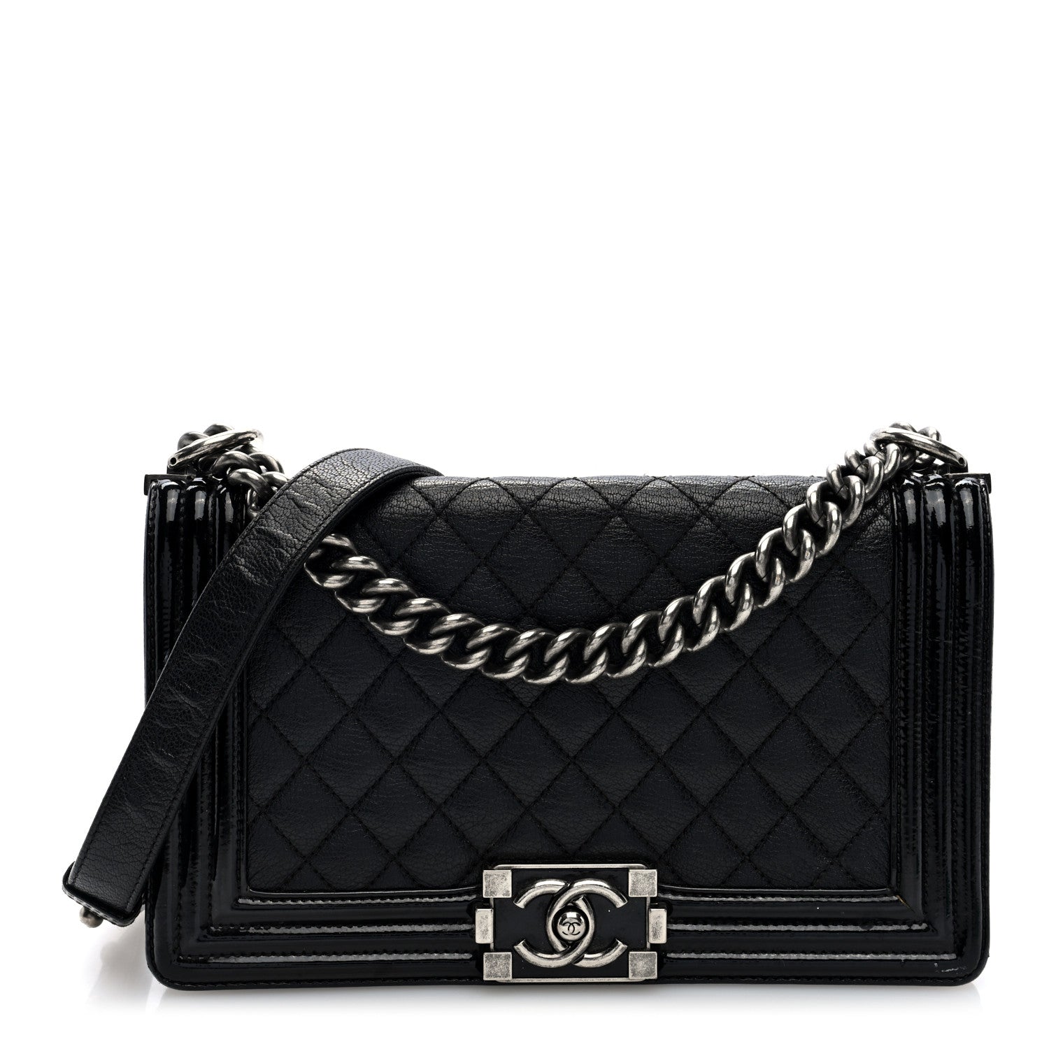 Goatskin Quilted Patent Medium Duo Boy Flap Black