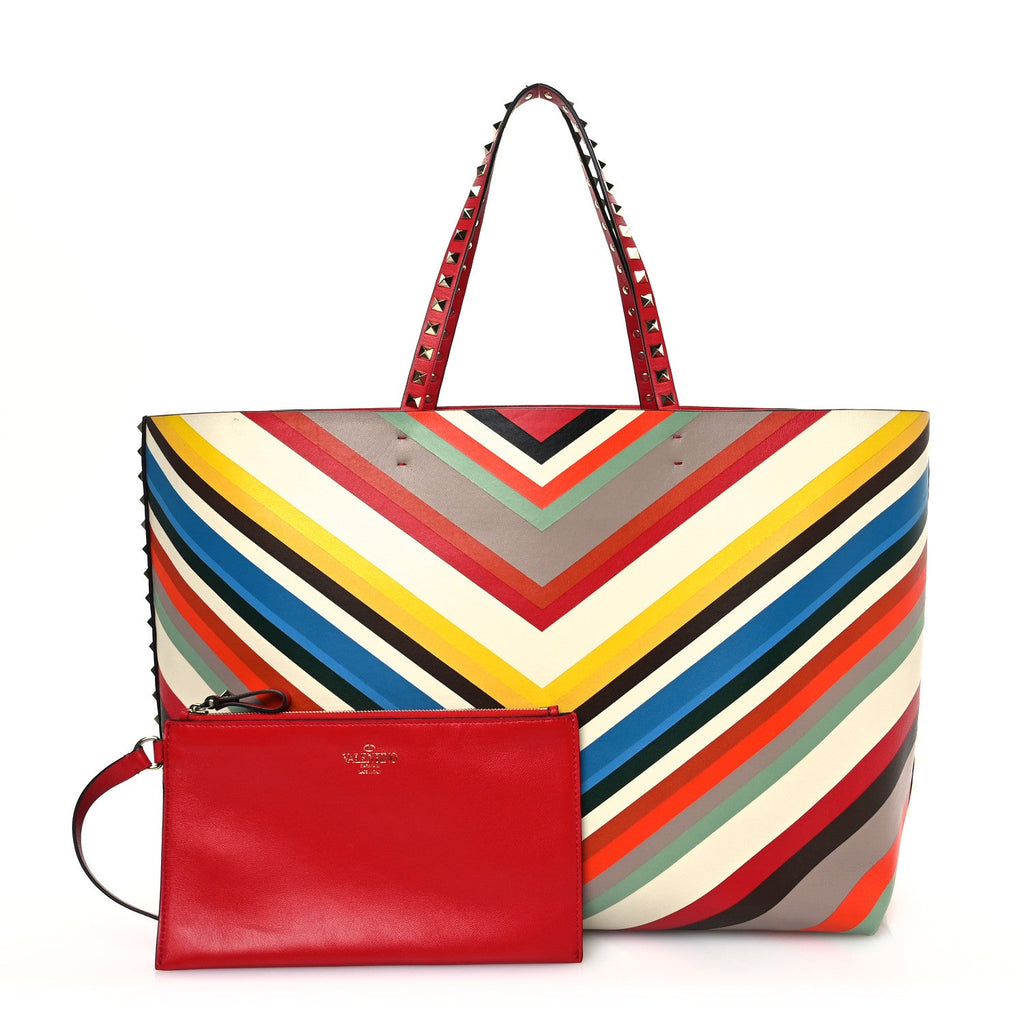 Calfskin Striped Large Rockstud Tote Red Multicolor