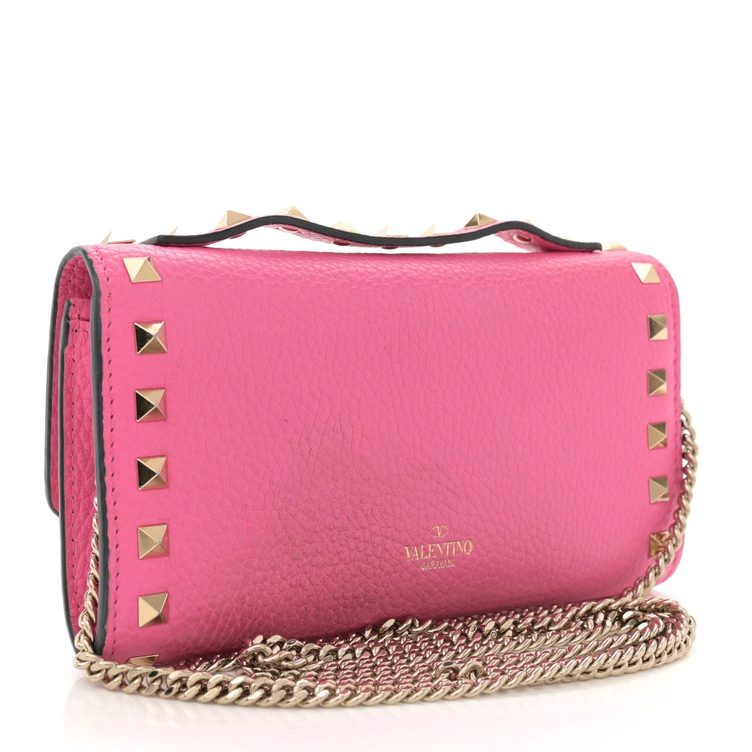 Pebbled Calfskin Rockstud Flip Lock Wallet On Chain Feminine Pink