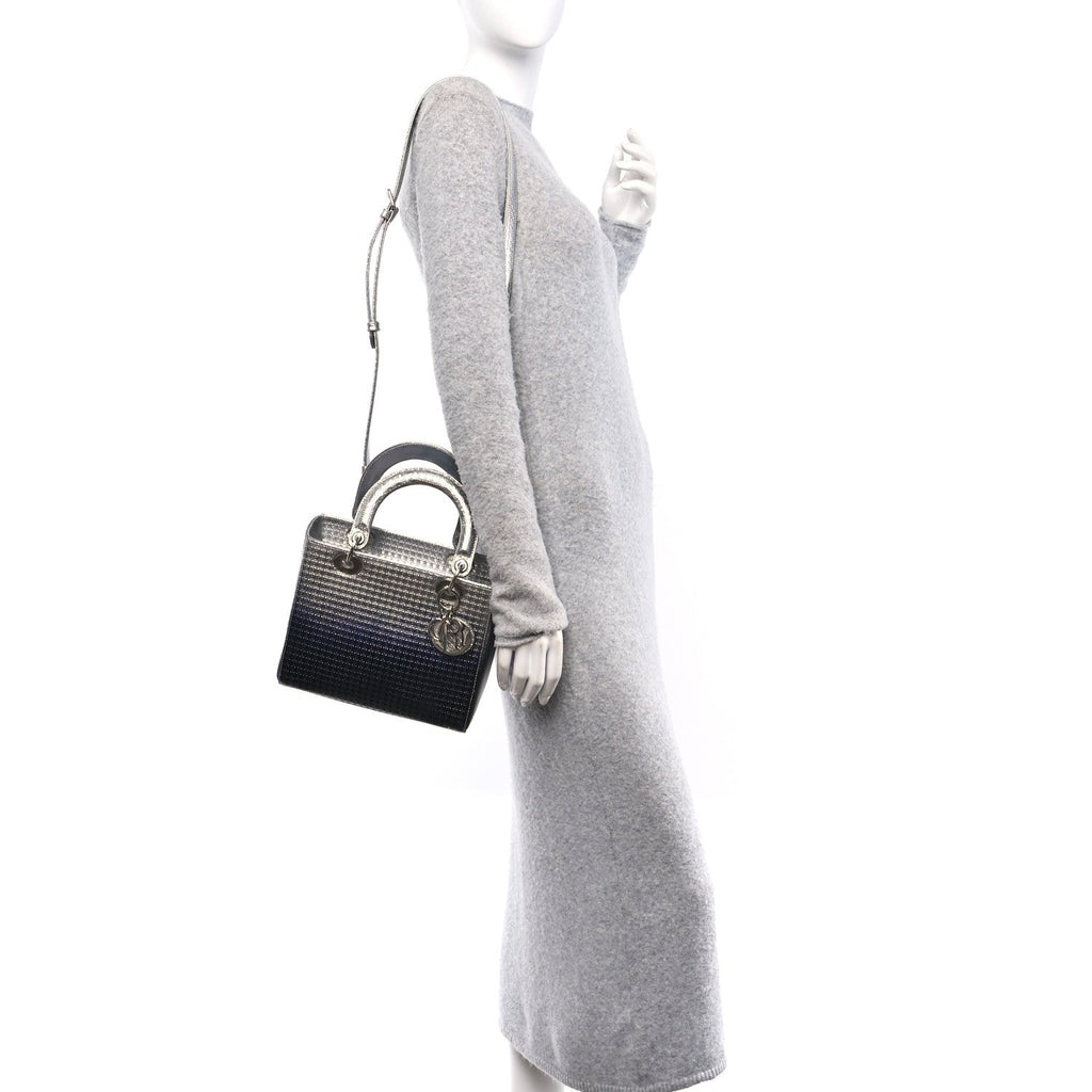 Metallic Patent Micro-Cannage Gradient Medium Lady Dior Silver Blue