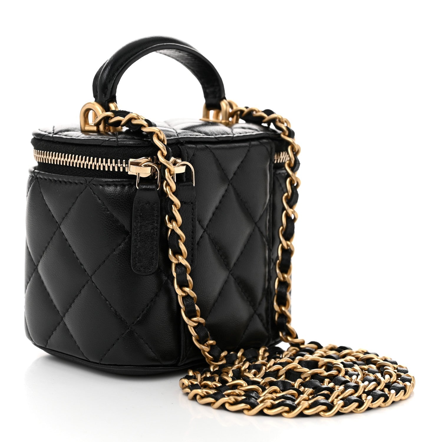 Lambskin Quilted Top Handle Mini Vanity Case With Chain Black