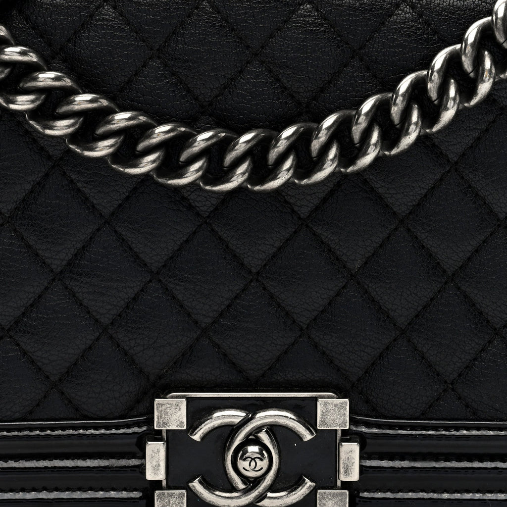 Goatskin Quilted Patent Medium Duo Boy Flap Black