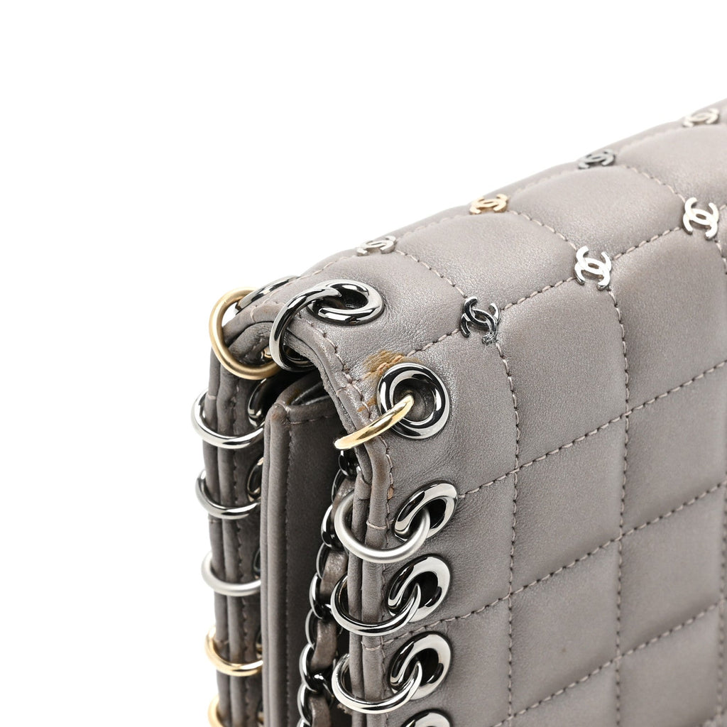 Lambskin Chocolate Bar Piercing CC Studded Small Chain Flap Bag Grey