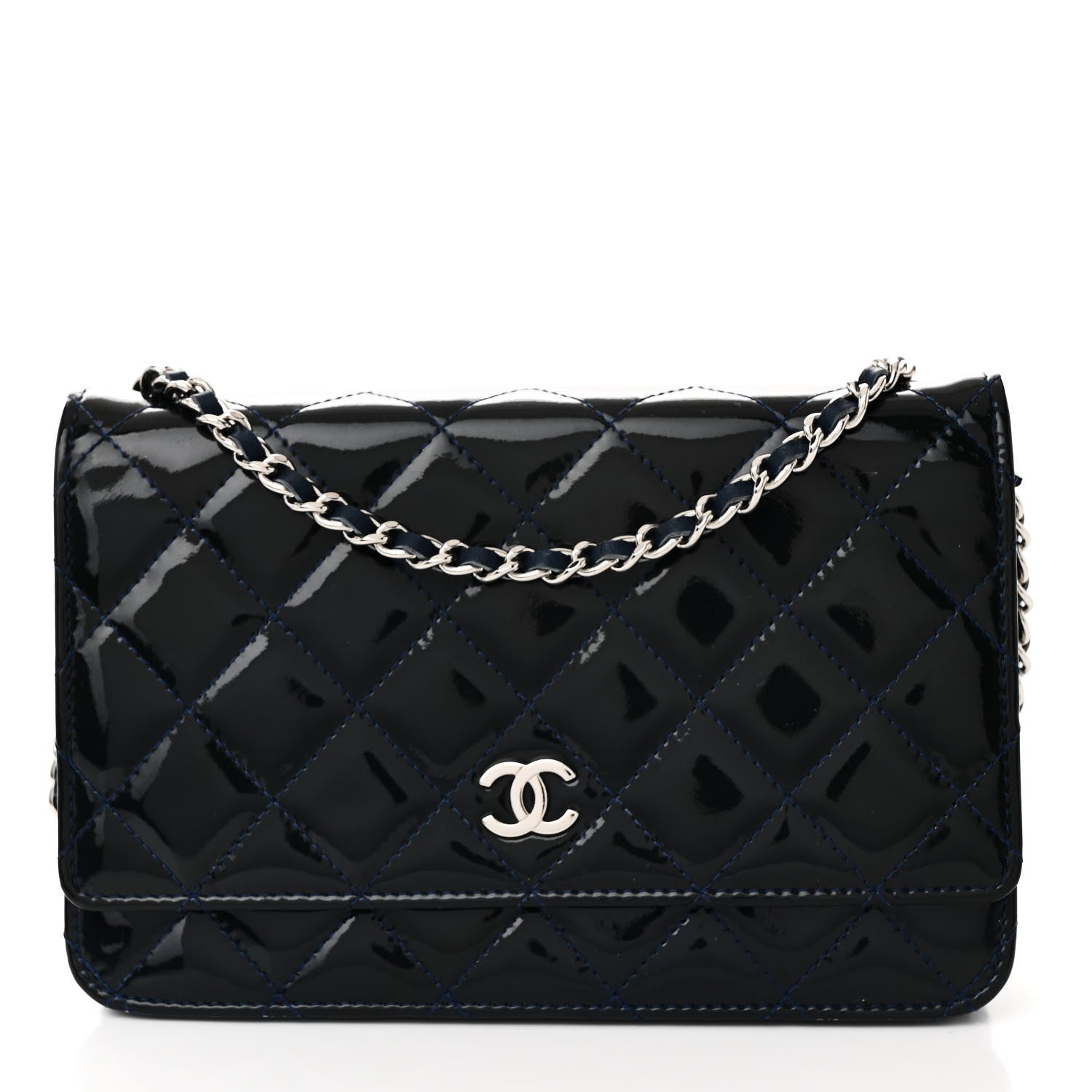 Patent Quilted Wallet On Chain WOC Blue