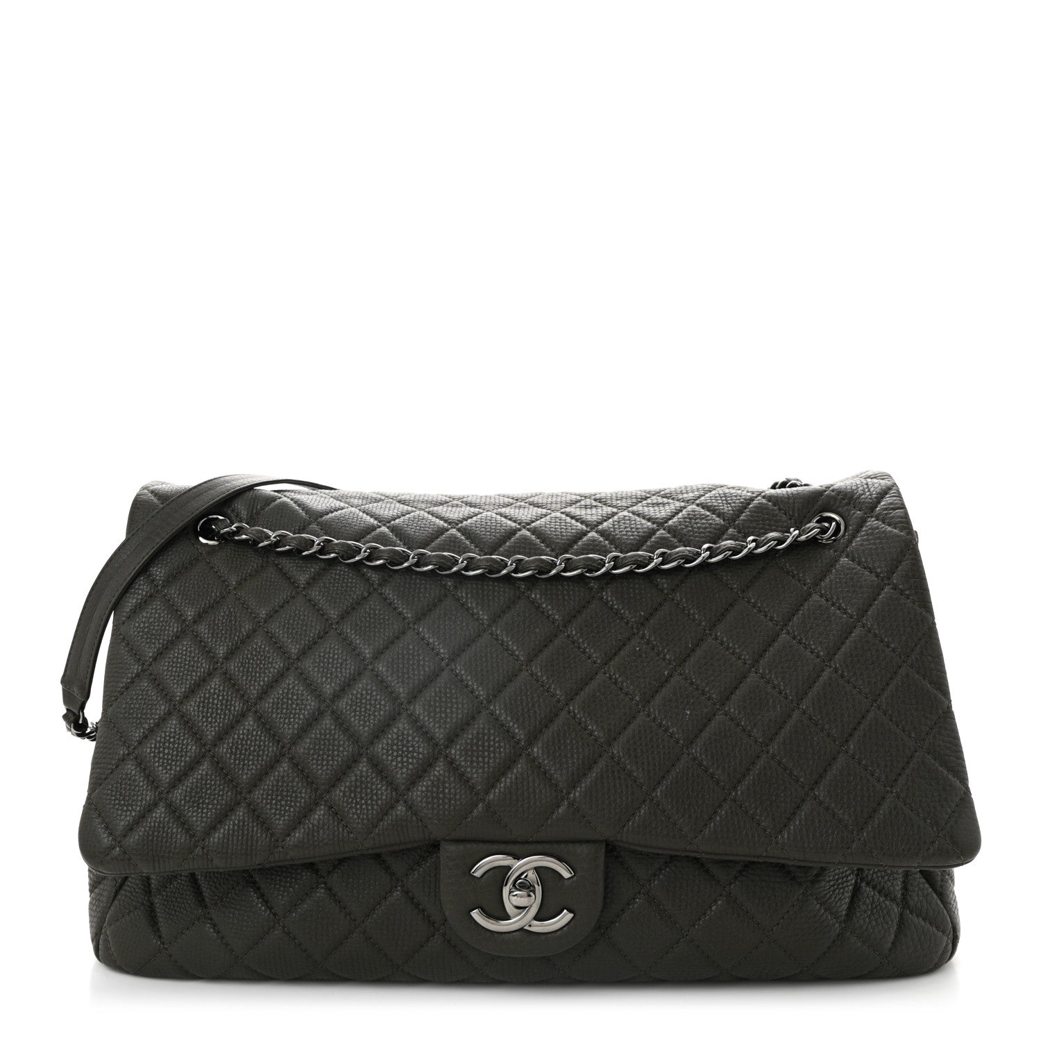 Calfskin Quilted XXL Travel Flap Bag Khaki