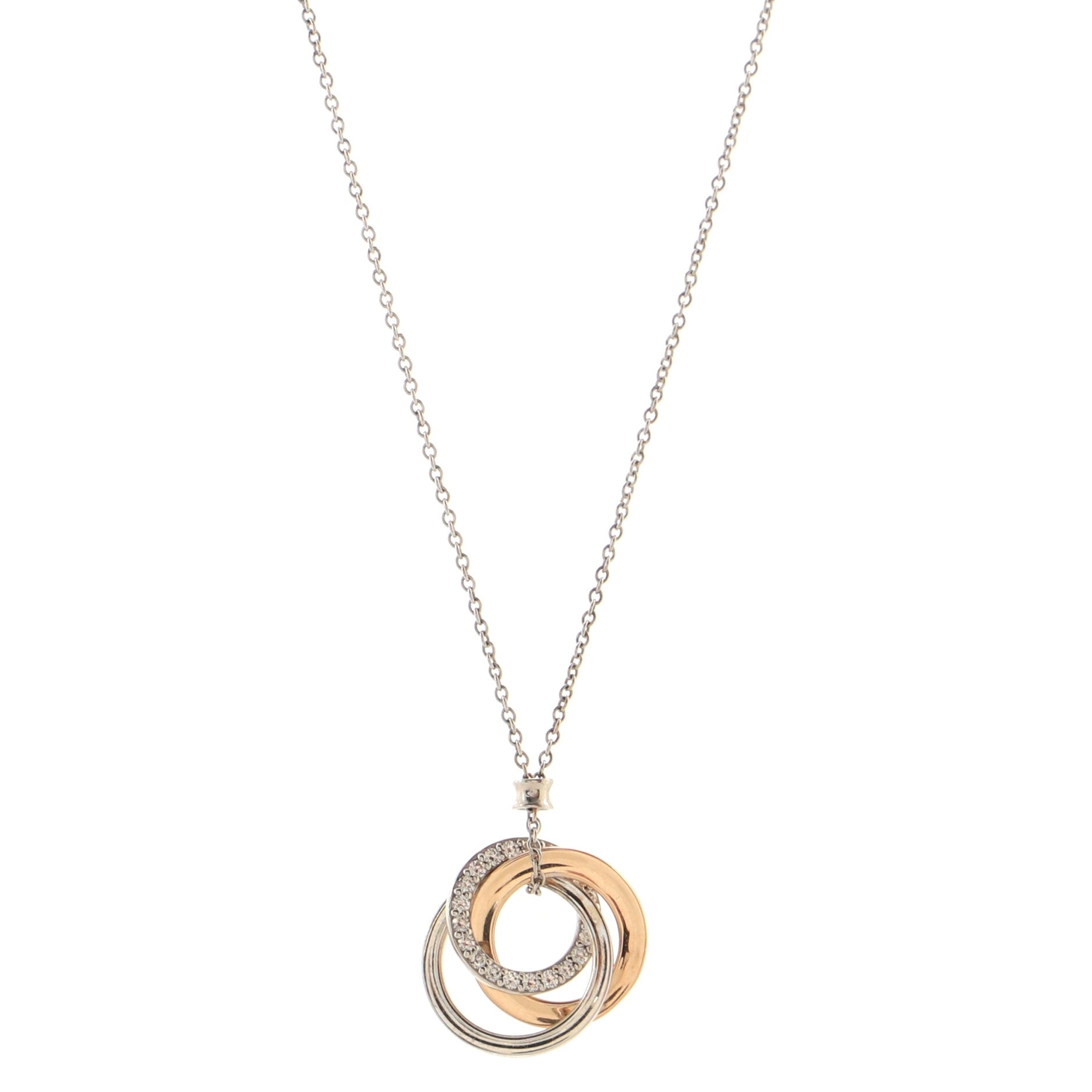 Triple Interlocking Circles Pendant Necklace 18k White Gold with 18k Rose Gold and Diamonds