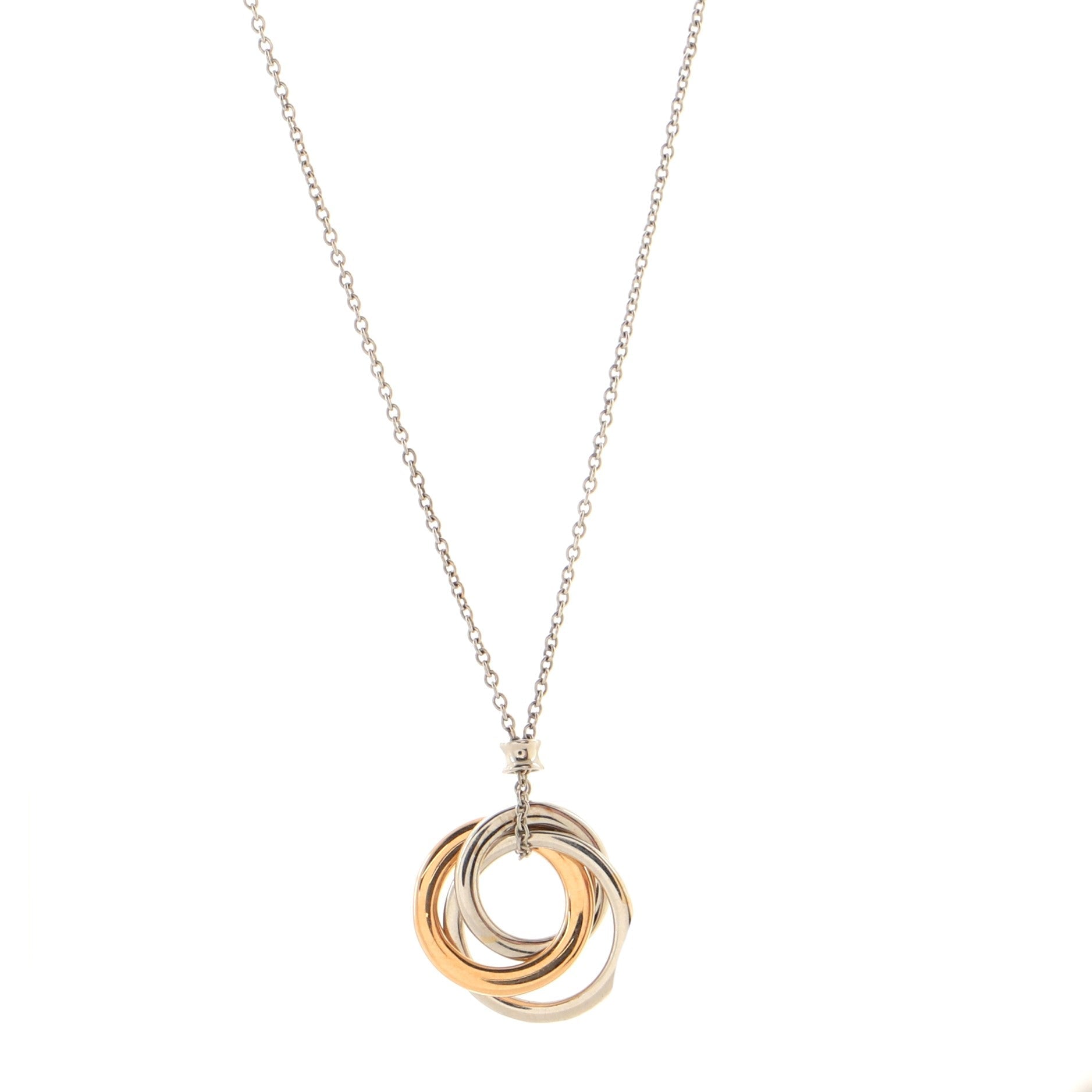 Triple Interlocking Circles Pendant Necklace 18k White Gold with 18k Rose Gold and Diamonds