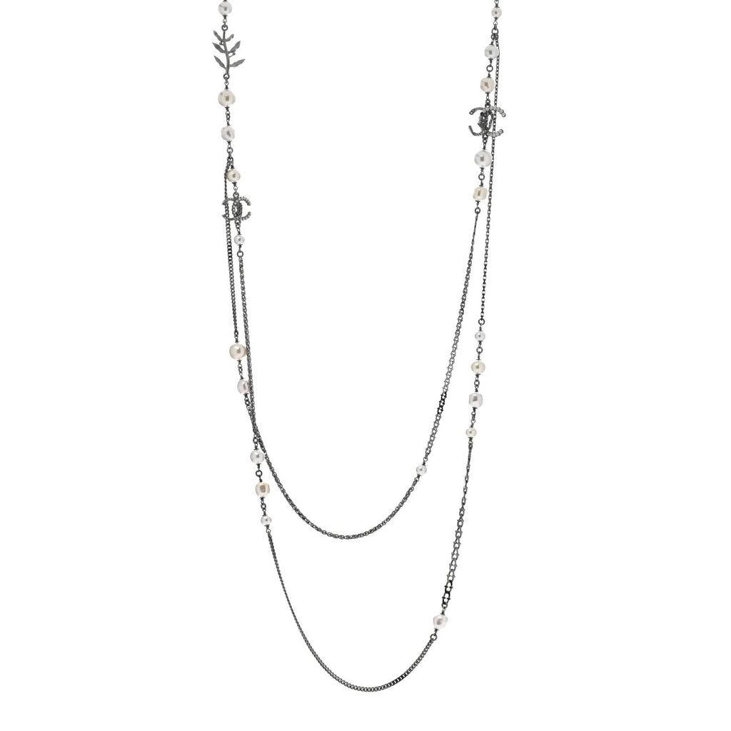 Pearl Crystal CC Leaf Long Necklace Silver