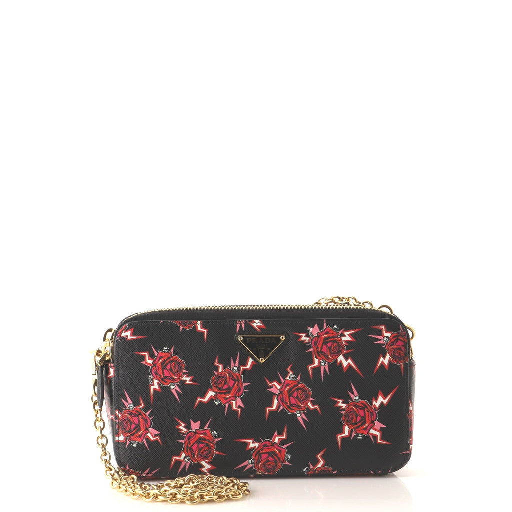Double Zip Wallet on Chain Crossbody Saffiano Leather Mini