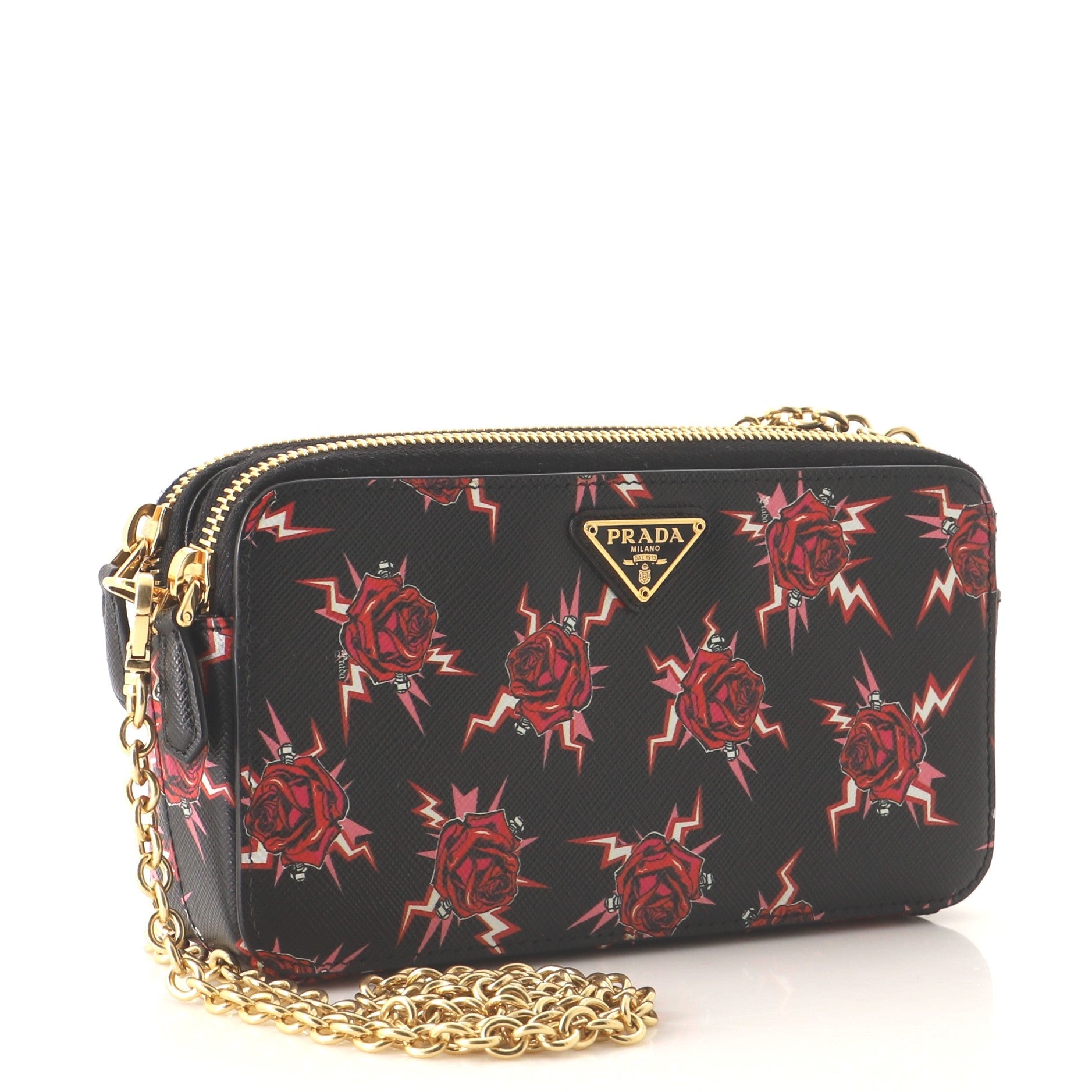 Double Zip Wallet on Chain Crossbody Saffiano Leather Mini