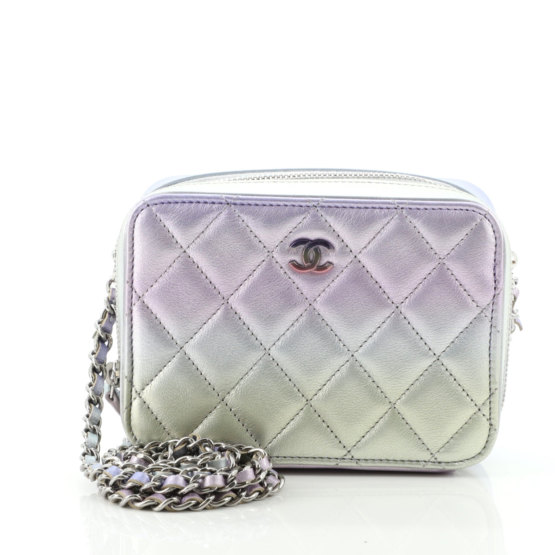 Zip Around Vanity Case with Chain Quilted Gradient Metallic Calfskin with Gradient Hardware Mini
