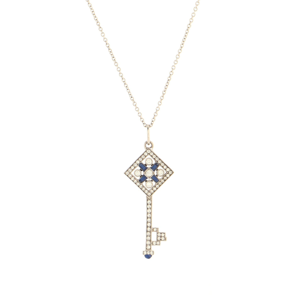 Checkerboard Key Pendant Necklace 18K White Gold with Diamonds and Enamel