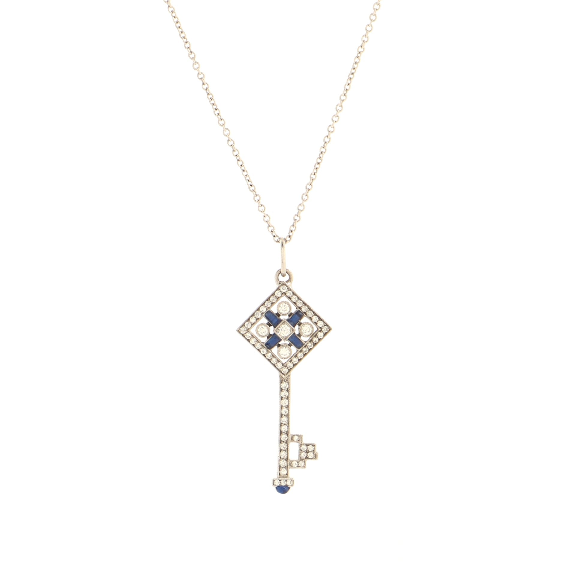 Checkerboard Key Pendant Necklace 18K White Gold with Diamonds and Enamel