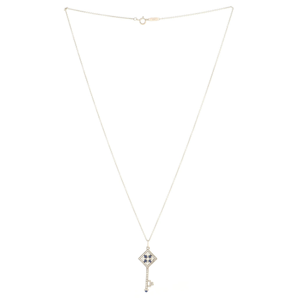 Checkerboard Key Pendant Necklace 18K White Gold with Diamonds and Enamel