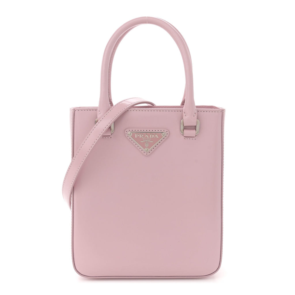 Spazzolato Metal Triangle Logo Small Double Handle Crossbody Tote Alabastro
