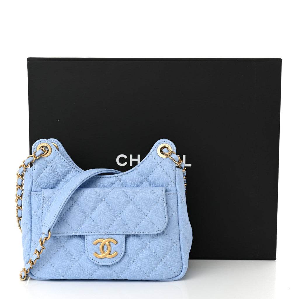 Caviar Quilted Small Wavy CC Hobo Light Blue