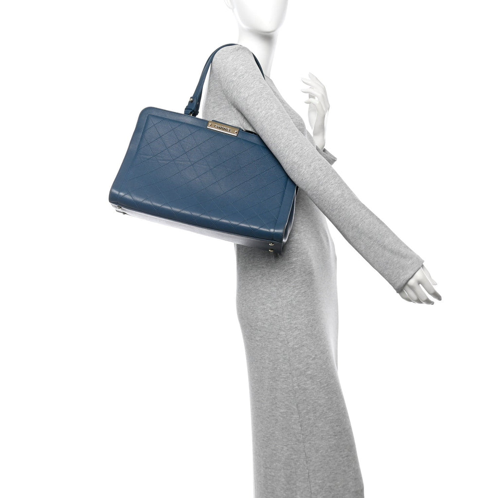 Grained Calfskin Stitched Large Label  Shopper Tote Blue