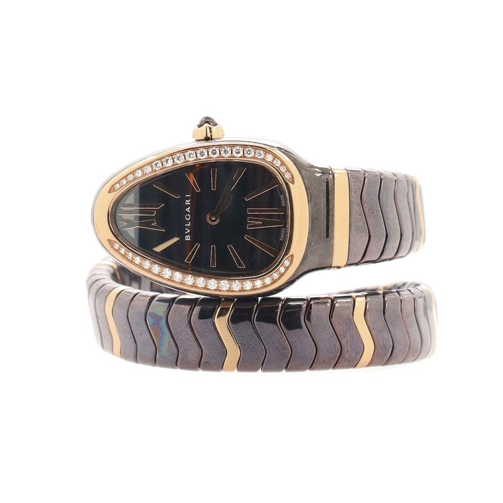 Serpenti Spiga Single Spiral Quartz Watch Ceramic and Rose Gold with Diamond Bezel 24
