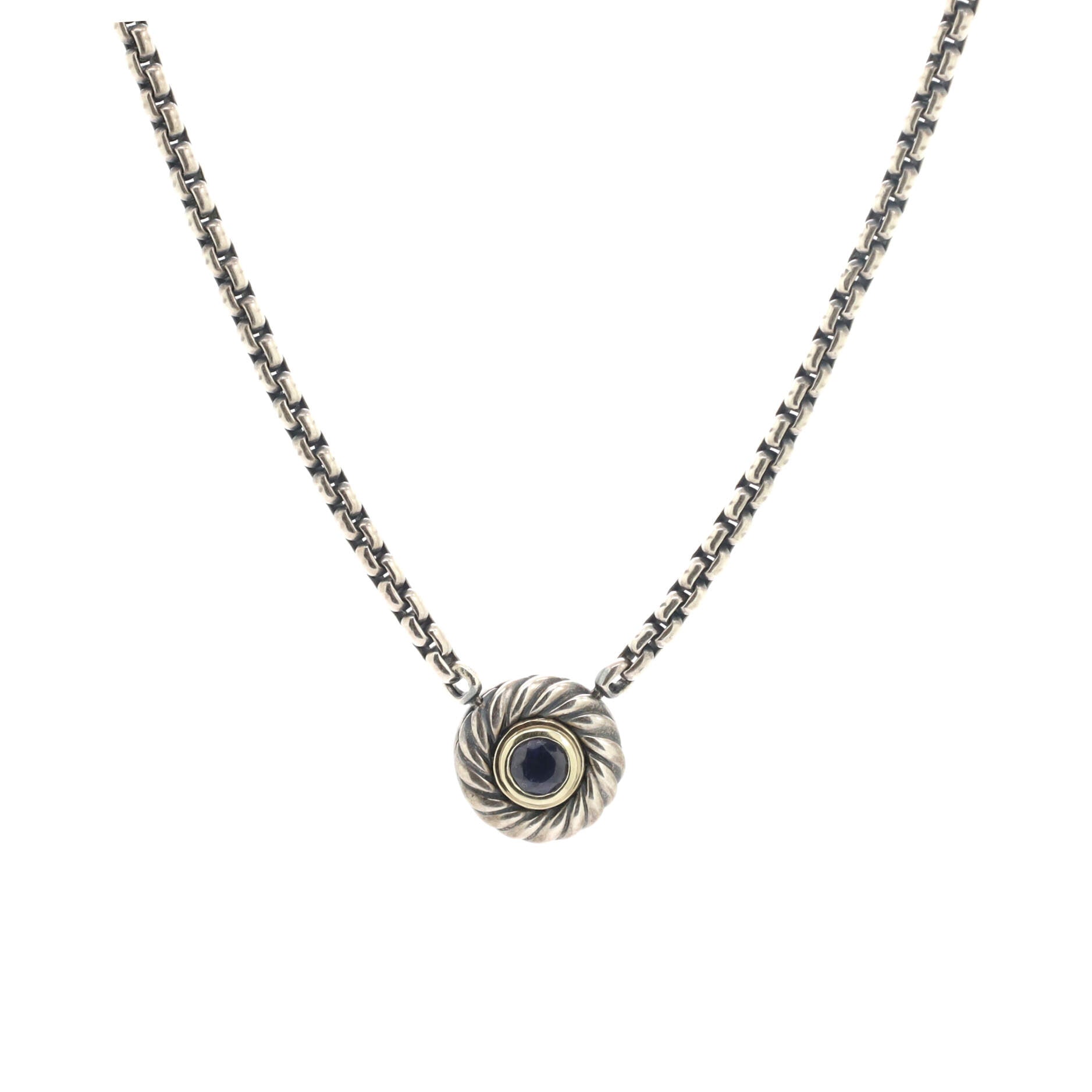 Cookie Pendant Necklace Sterling Silver with 14K Yellow Gold and Iolite 12mm