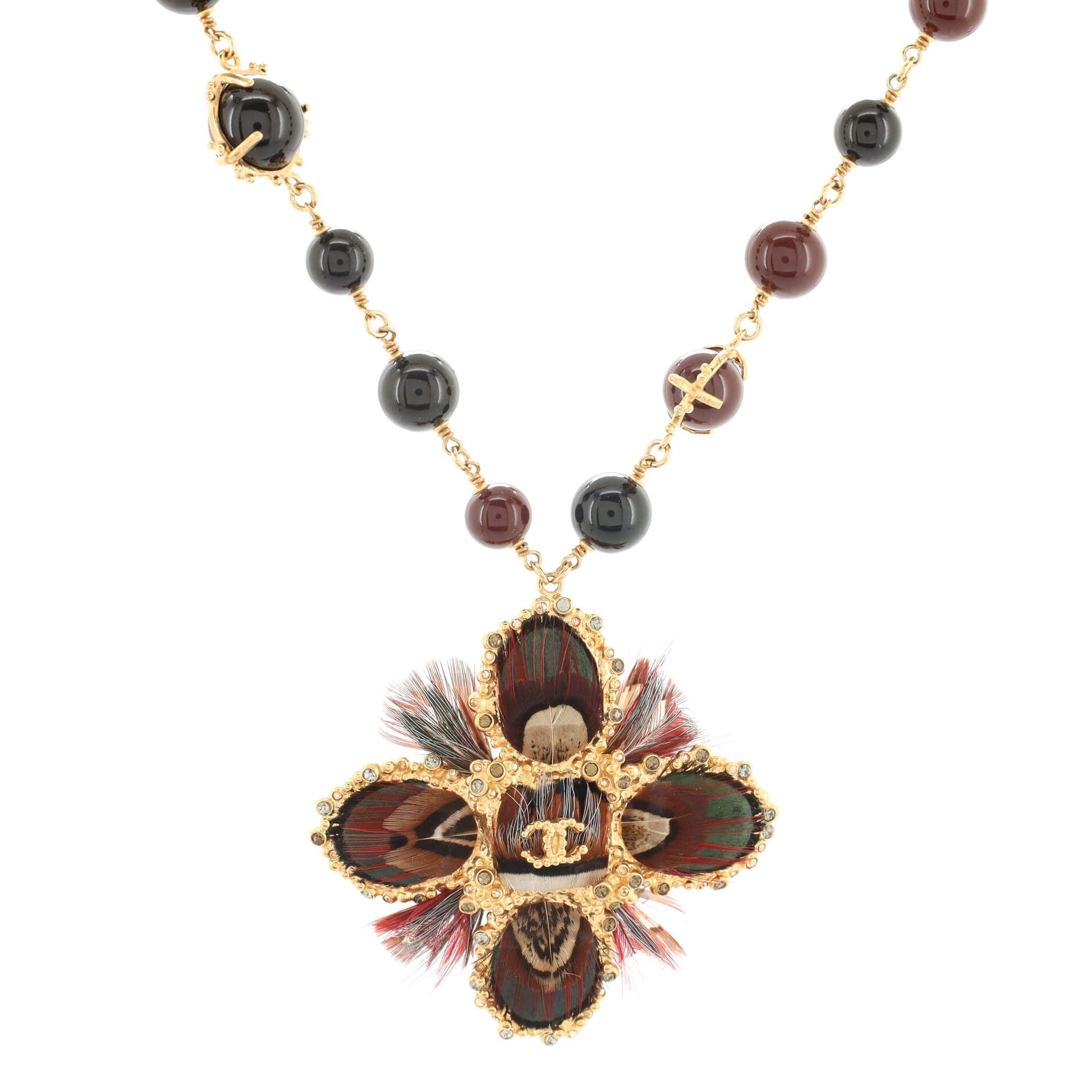 Paris Edinburgh CC Pendant Necklace Metal and Beads with Crystal, Gripoix and Feathers
