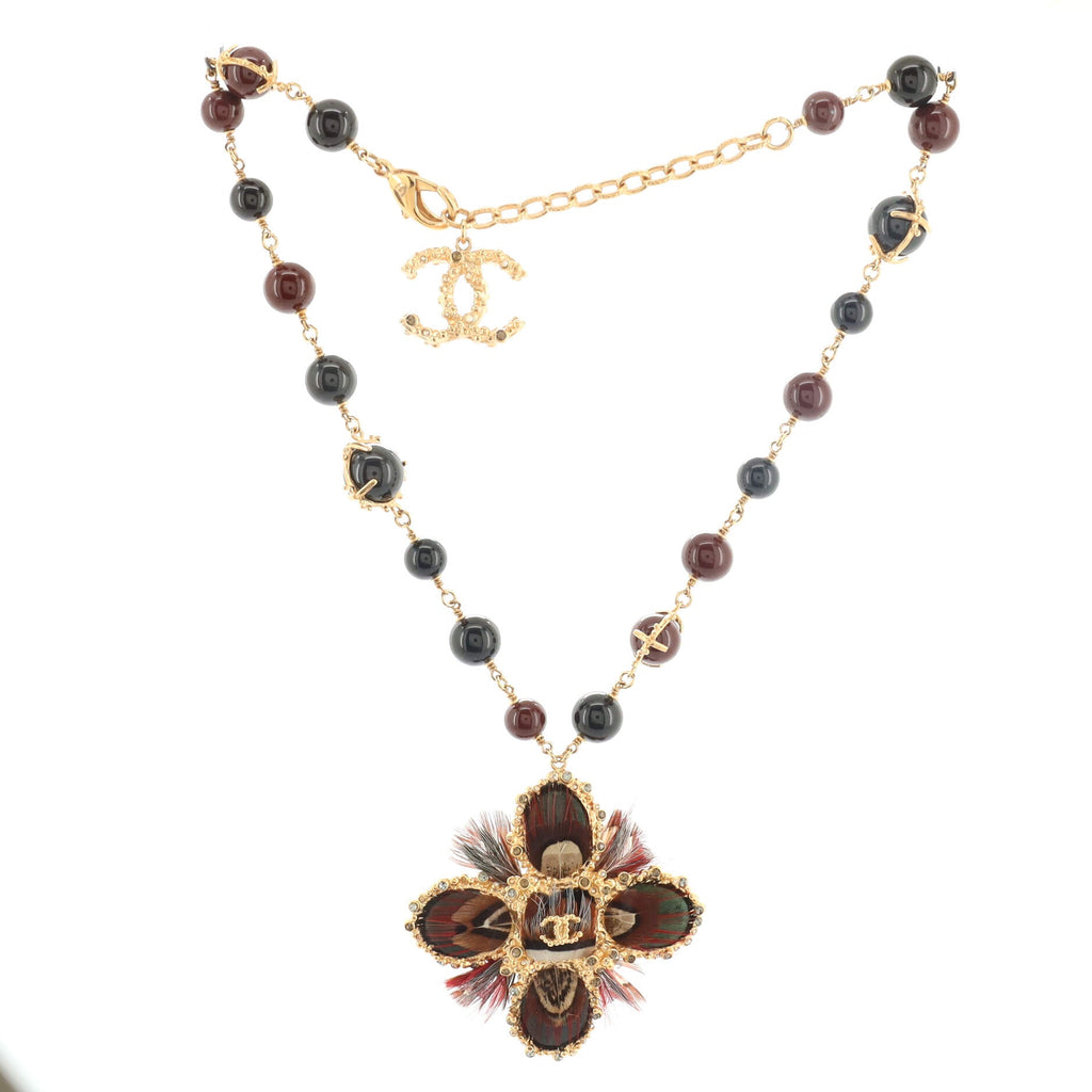 Paris Edinburgh CC Pendant Necklace Metal and Beads with Crystal, Gripoix and Feathers