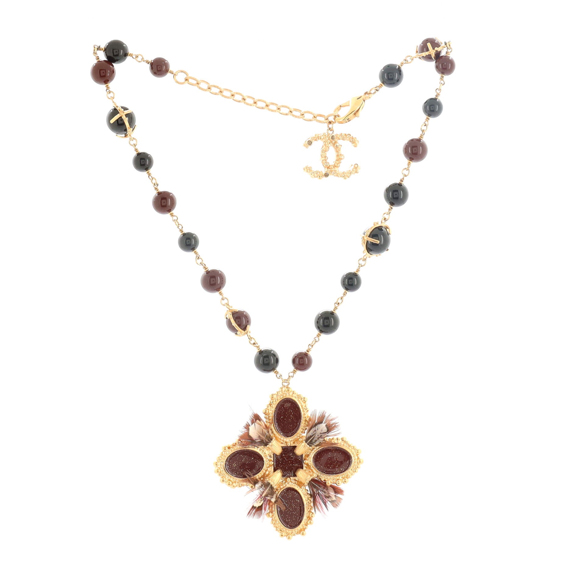 Paris Edinburgh CC Pendant Necklace Metal and Beads with Crystal, Gripoix and Feathers