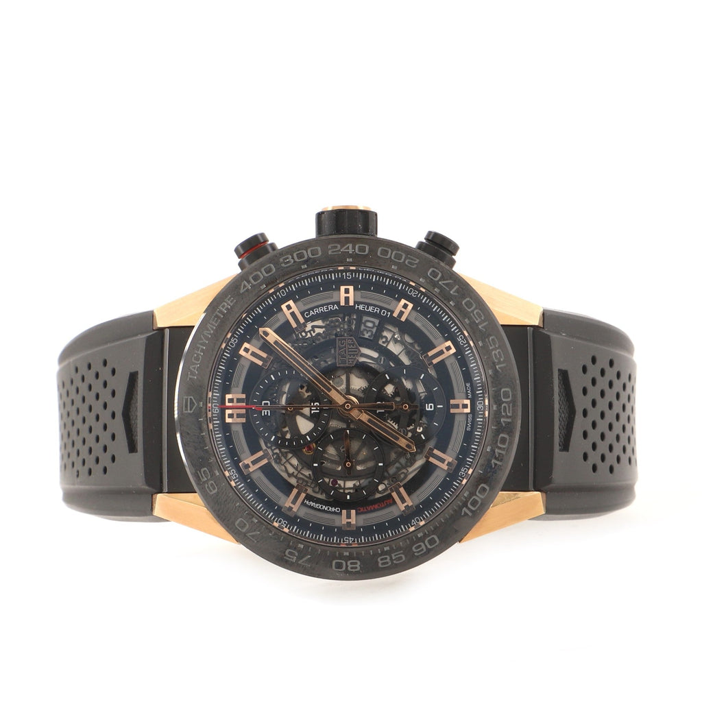 Carrera Calibre Heuer 01 Skeleton Chronograph Automatic Watch Titanium with PVD Rose Gold with Rubber 45