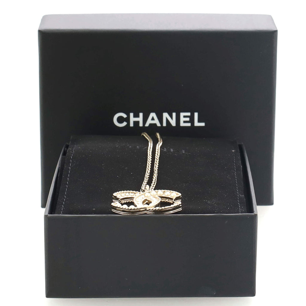 CC Pendant Long Necklace Metal with Faux Pearl