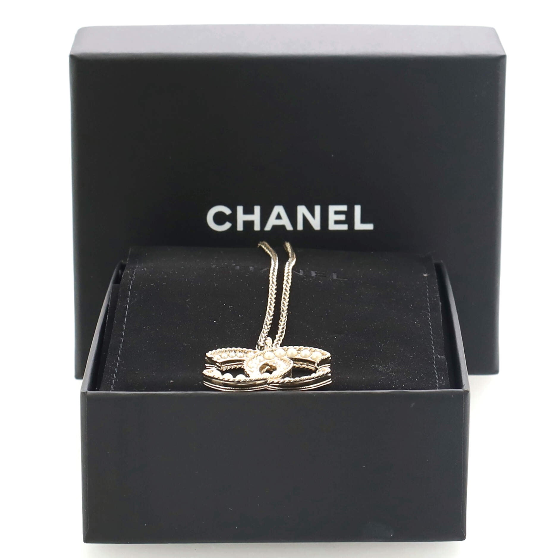 CC Pendant Long Necklace Metal with Faux Pearl